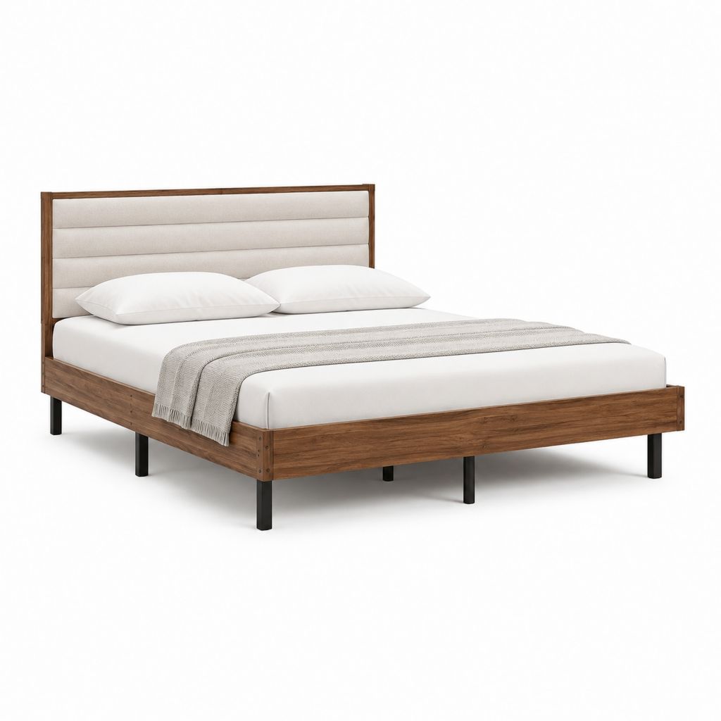 Cadre de lit double 160 x 200 cm noyer avec tête de lit capitonnée beige