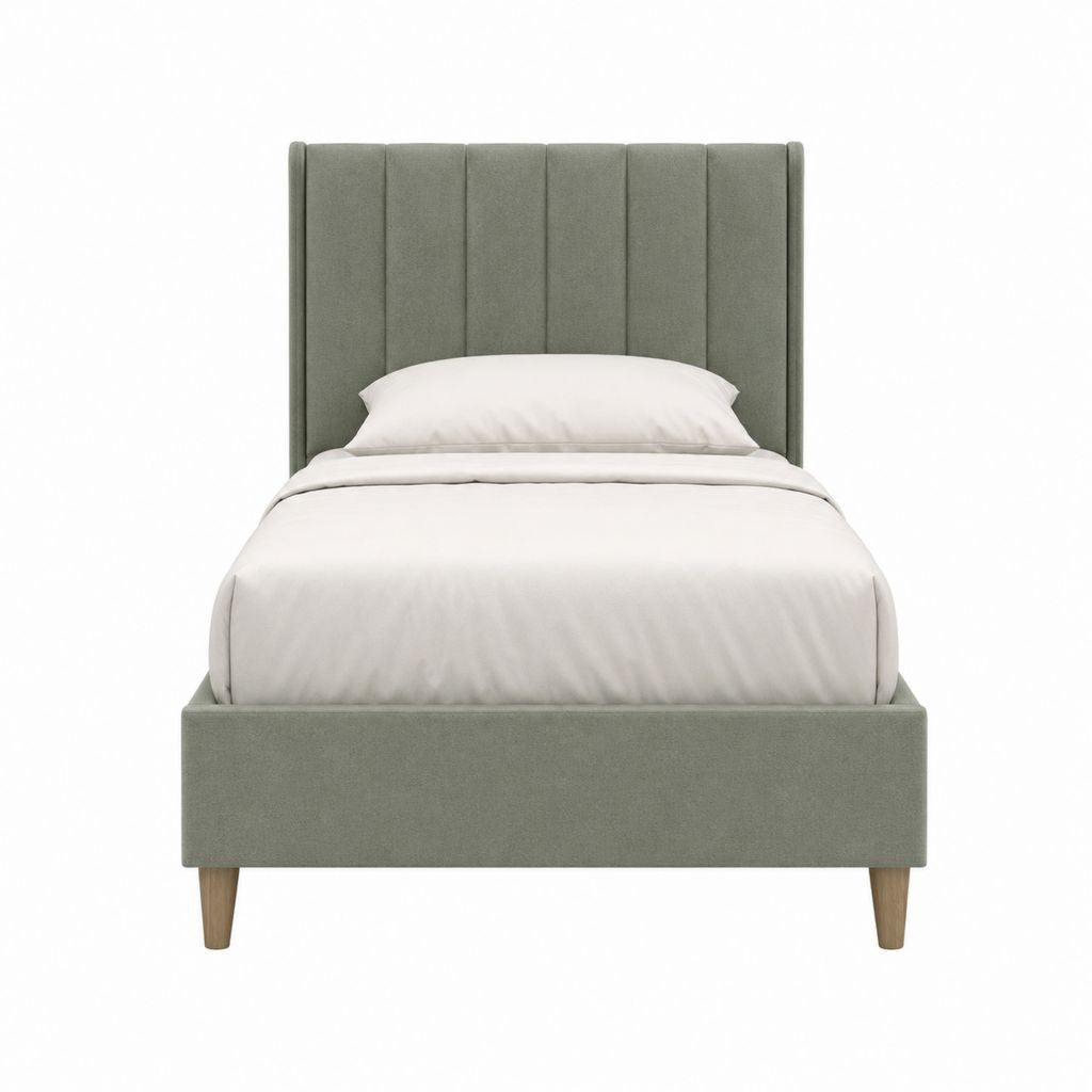 Lit simple rectangulaire 90 x 190 cm vert sauge en polyester avec tête de lit capitonnée