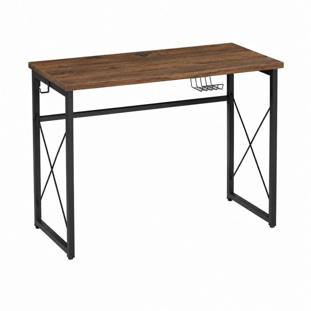 Bureau gaming rectangulaire marron et noir en panneau de particules et acier 120 x 60 x 75 cm