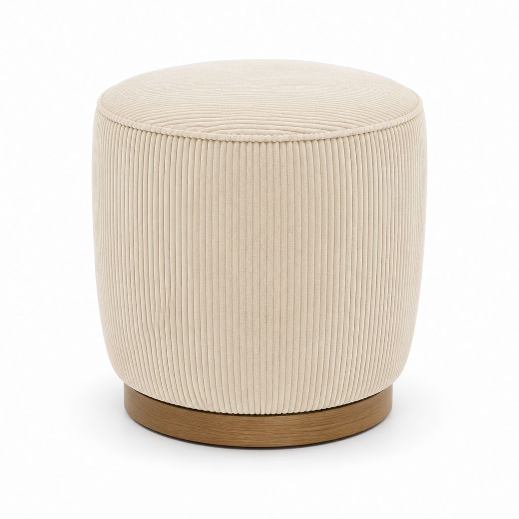 Pouf repose-pieds rond beige en velours côtelé polyester avec base en MDF plaqué chêne Ø 40 x H 45 cm