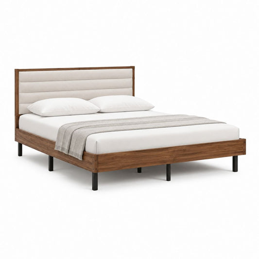 Cadre de lit double 160 x 200 cm noyer avec tête de lit capitonnée beige
