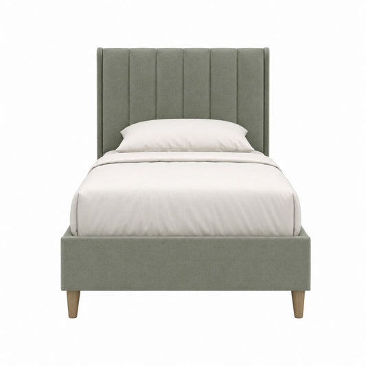 Lit simple rectangulaire 90 x 190 cm vert sauge en polyester avec tête de lit capitonnée
