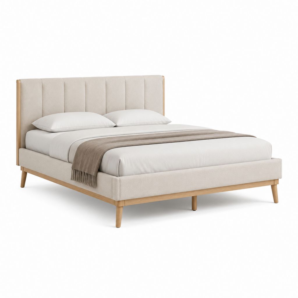 Lit double rectangulaire beige en polyester et bois massif 160 x 200 cm