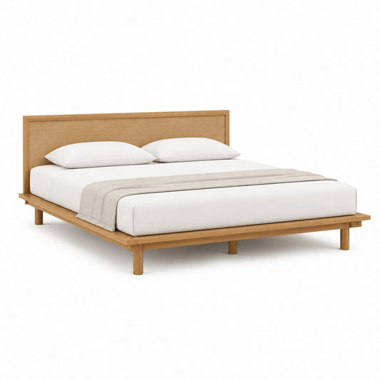 Cadre de lit double 160 x 200 cm en bois massif d'hévéa naturel avec tête de lit en cannage de rotin