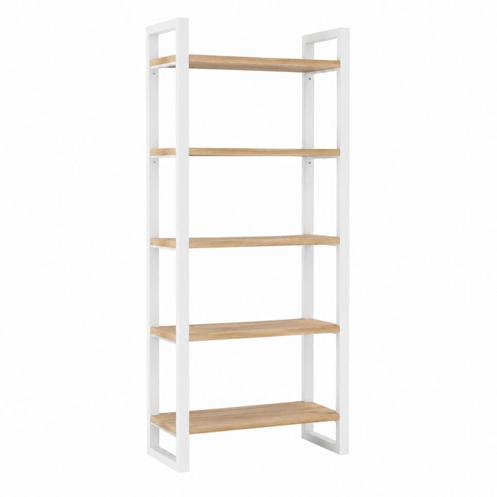 Bibliothèque 5 niveaux blanche et décor chêne en acier et MDF 80 x 30 x 180 cm