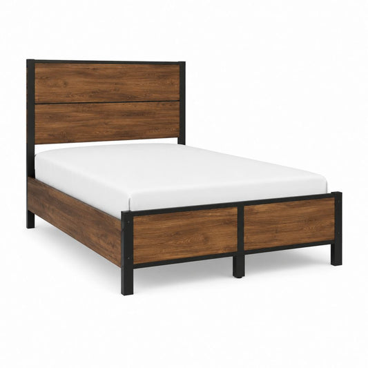 Cadre de lit double 140 x 190 cm brun noyer et noir en acier et panneaux MDF