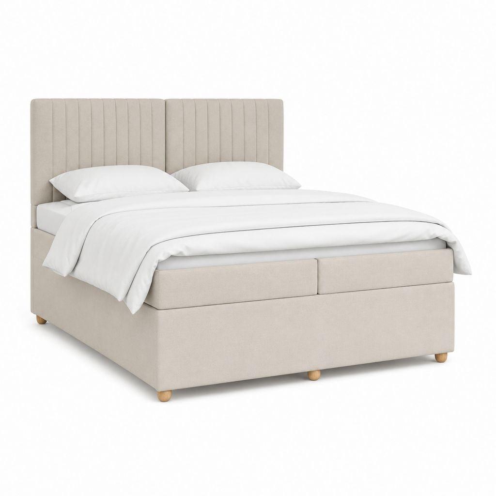 Lit coffre 160 x 200 cm beige en polyester avec tête de lit capitonnée