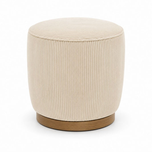 Pouf repose-pieds rond beige en velours côtelé polyester avec base en MDF plaqué chêne Ø 40 x H 45 cm