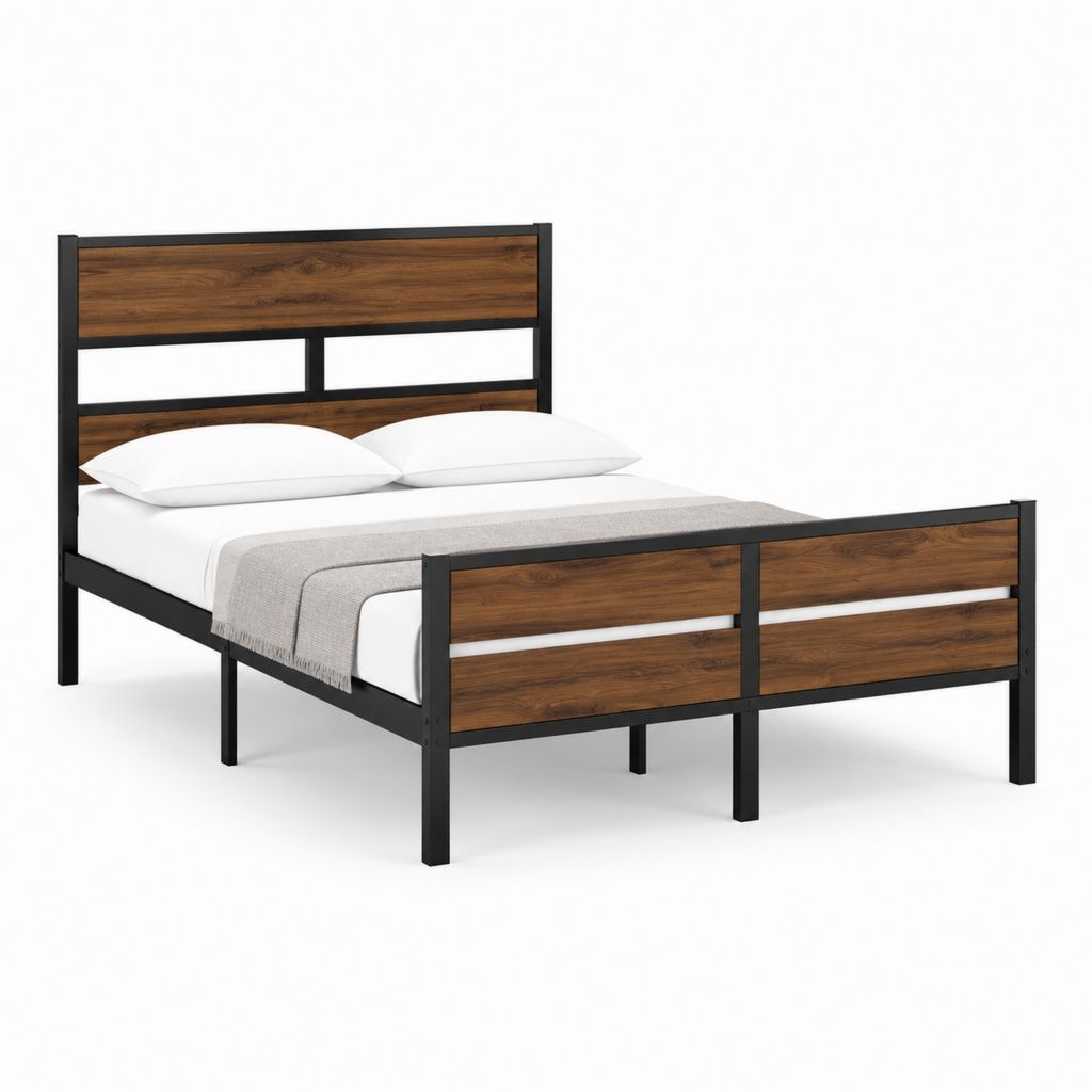Cadre de lit double 140 x 190 cm noir et brun en acier et panneaux MDF