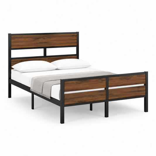 Cadre de lit double 140 x 190 cm noir et brun en acier et panneaux MDF