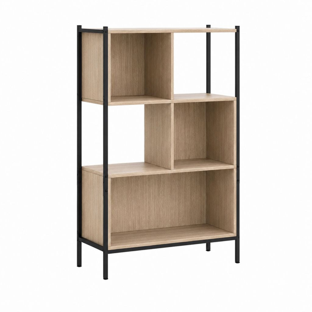 Bibliothèque 5 niches en panneaux de particules chêne clair et acier noir 80 x 30 x 160 cm