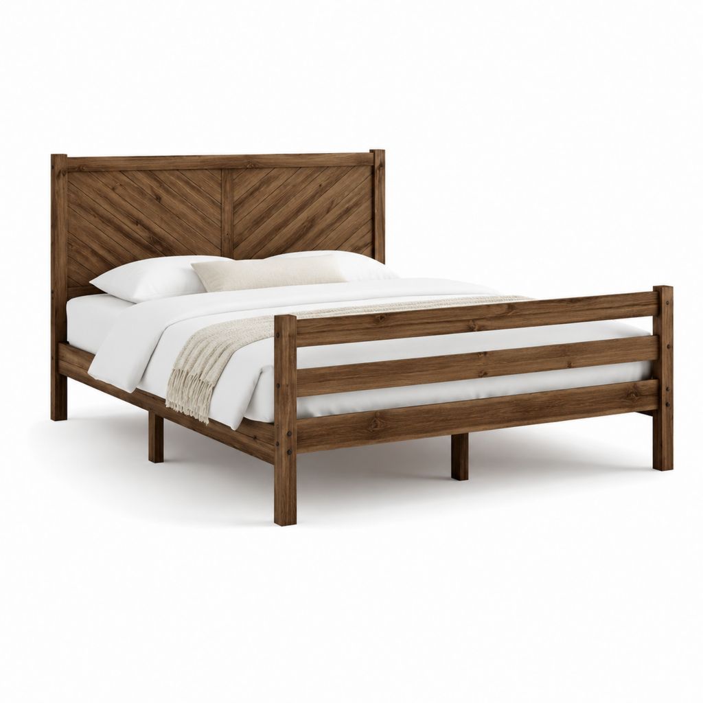 Cadre de lit double marron en bois massif 160 x 200 cm avec tête de lit à chevrons