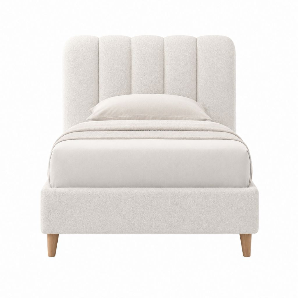 Lit simple 90 x 200 cm beige en tissu bouclette polyester avec tête de lit capitonnée