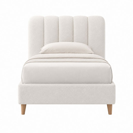 Lit simple 90 x 200 cm beige en tissu bouclette polyester avec tête de lit capitonnée