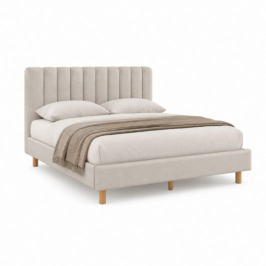 Lit double 160 x 200 cm beige en polyester avec cadre rectangulaire et tête de lit capitonnée