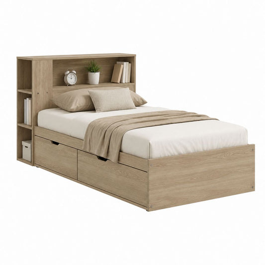 Lit simple avec rangements chêne clair en panneaux de particules 90 x 190 cm