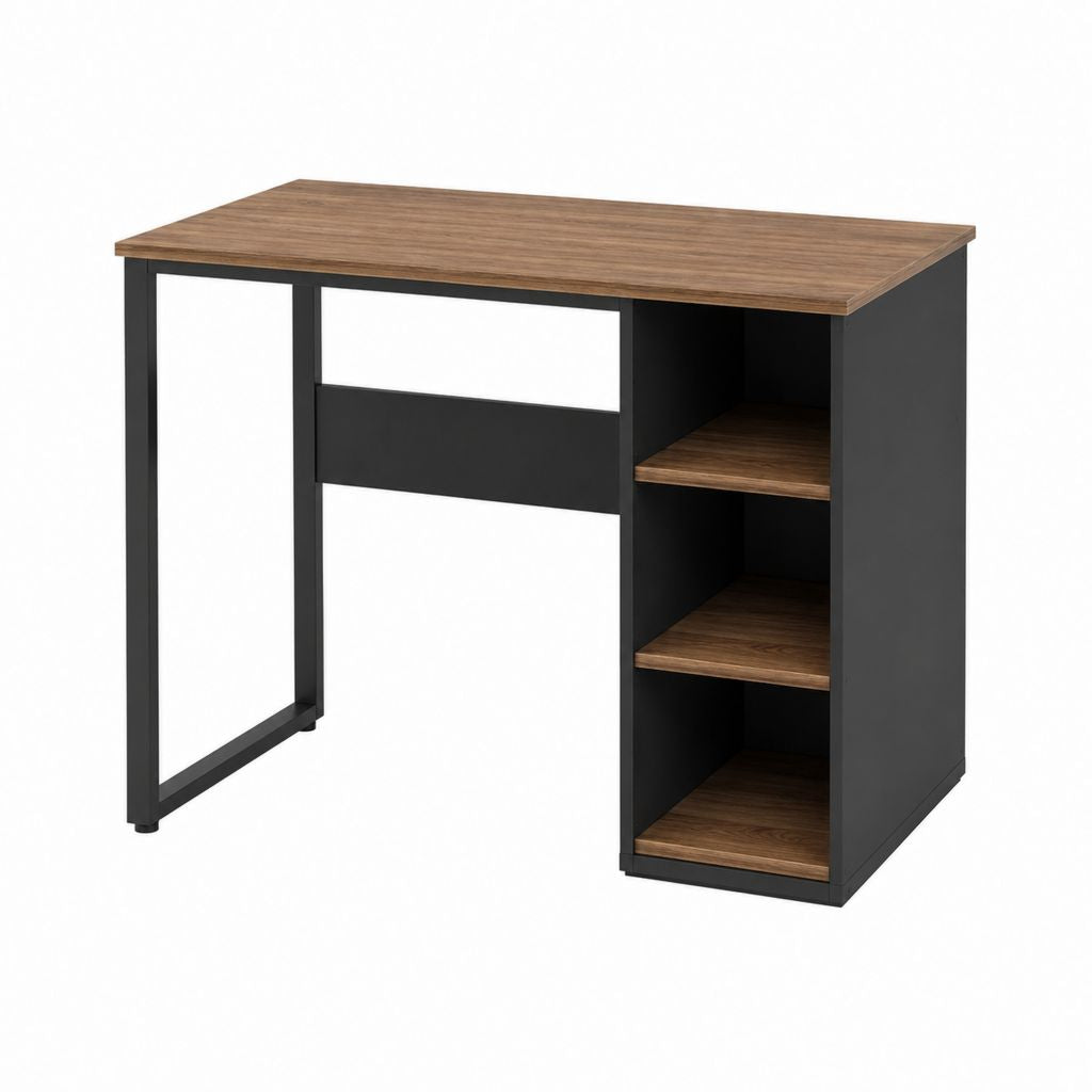 Bureau gaming rectangulaire noir et brun en panneaux de particules et acier 120 x 60 x 75 cm avec 3 étagères