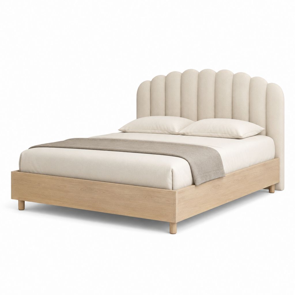 Lit double 160 x 200 cm beige avec cadre en panneaux de particules et tête de lit capitonnée