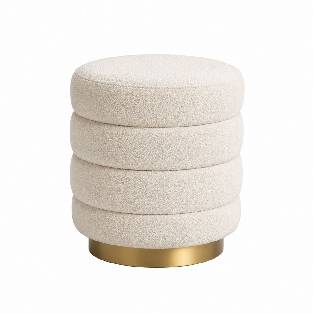Pouf repose-pieds rond crème en polyester bouclette avec base dorée Ø45 x H50 cm